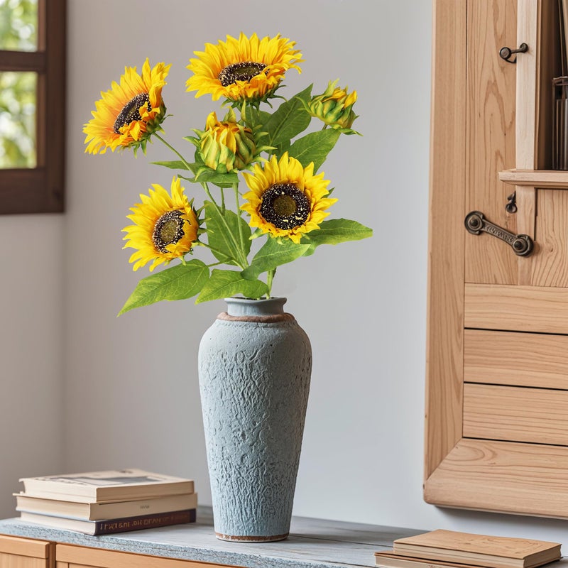 Htmeing Artificial Sunflowers Silk Flowers Fake Branches Decorative Plants Stems for Home Office Shop Decor (2pcs) - Image 2